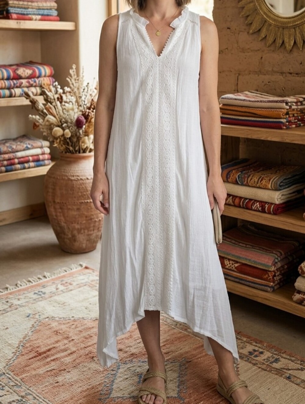 Indigo Rose White Lace-Trim Sleeveless Camisole